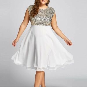 NWT Elegant Plus Size Dress Chiffon Sequin White and Gold